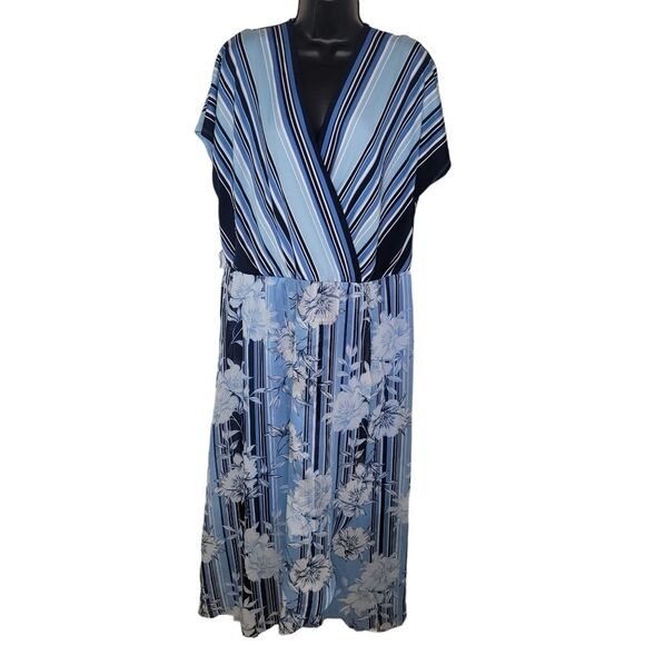 Lane Bryant Blue Floral Stripe Short Sleeve Maxi Faux Wrap Dress Size 18 - Picture 1 of 7
